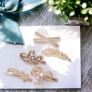 Home set of 5 golden metal hair clips – mixed designs | pearl & rhinestone accents | stylish hair accessories for women & girls